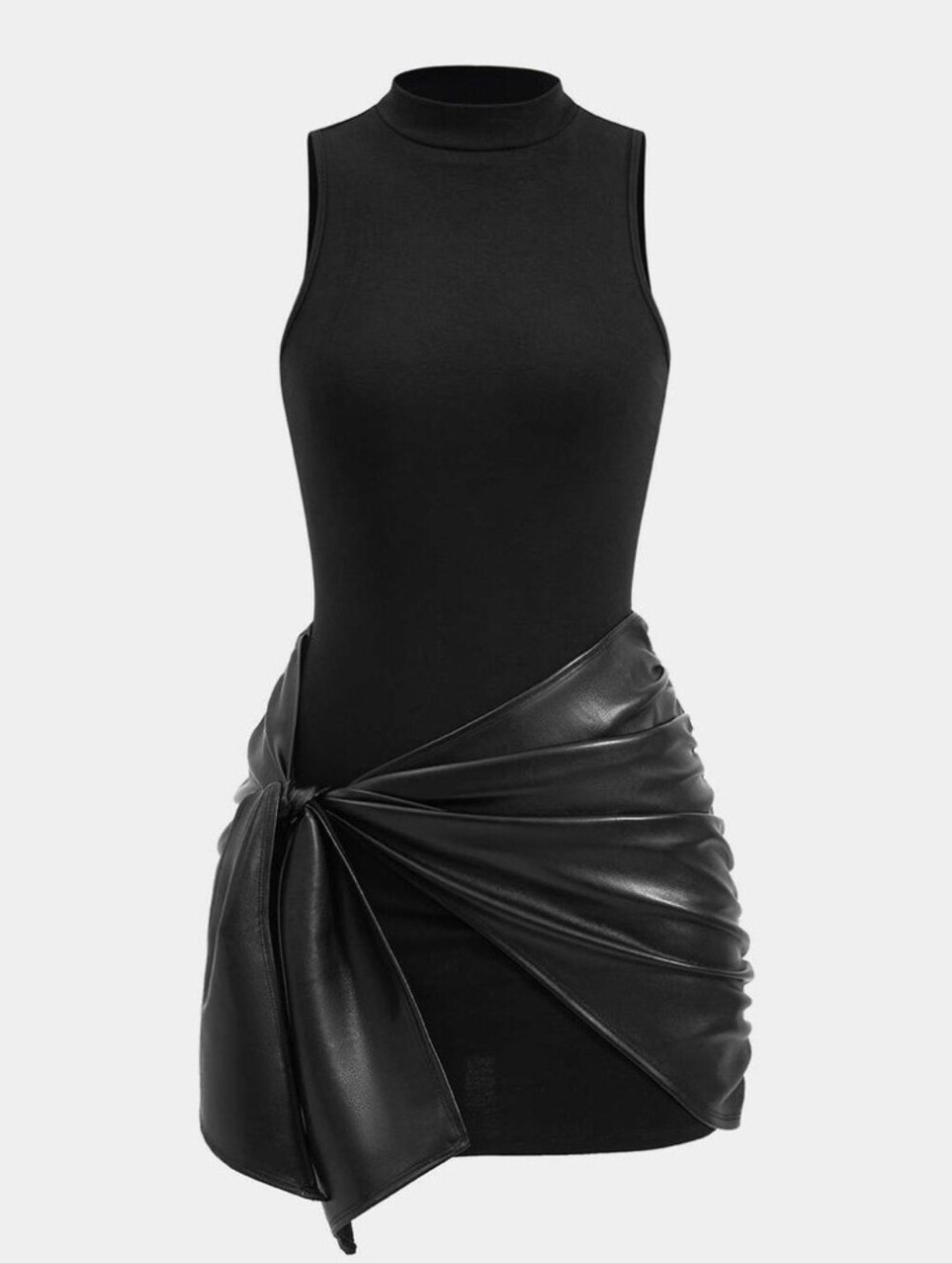 Sleeveless Black Mock-Neck Mini Dress with Faux-Leather Draped Skirt